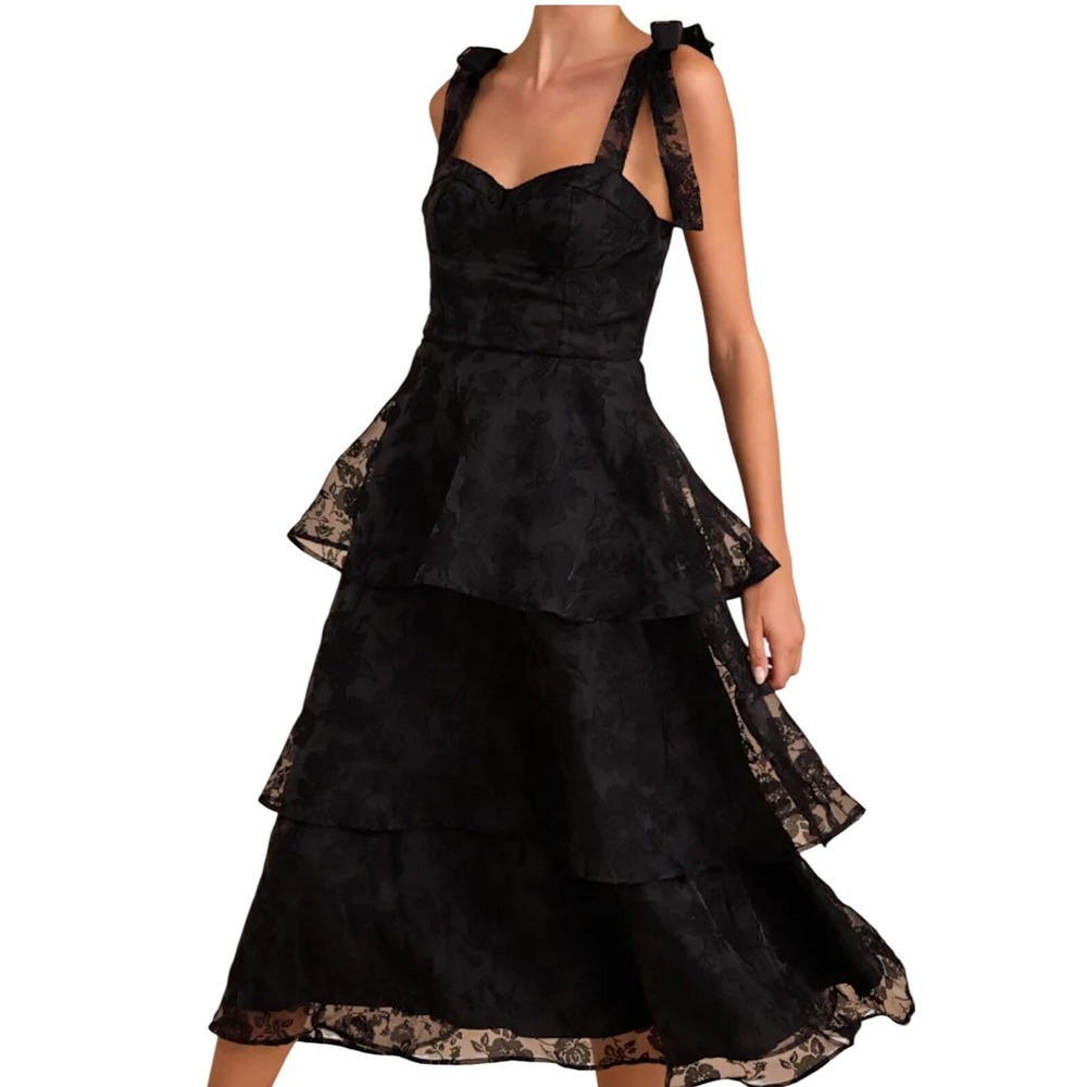 NWT Lulus Glamorous Sweetie Black Burnout Tie-Strap Bustier Midi Dress S Party